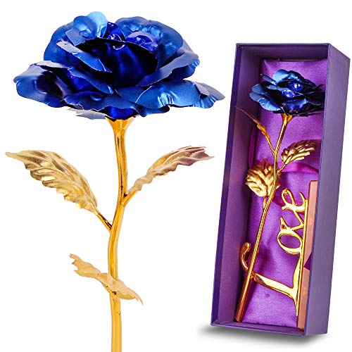 Blue Leaf 24K Gilded Artificial Roses for Thanksgiving Day Mother's Day Valentine's Day Birthday Gift (Blue)