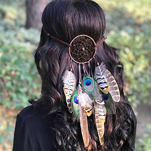 Gortin Bohemian Feather Headbands Indian Gypsy Headband White And Peacock Feather Tassel Hemp Rope Headpeces Dreamcatcher Hippie Hair Bands For Women Festival Masquerades Carnival Hippie Costume (Type C) #TOP22