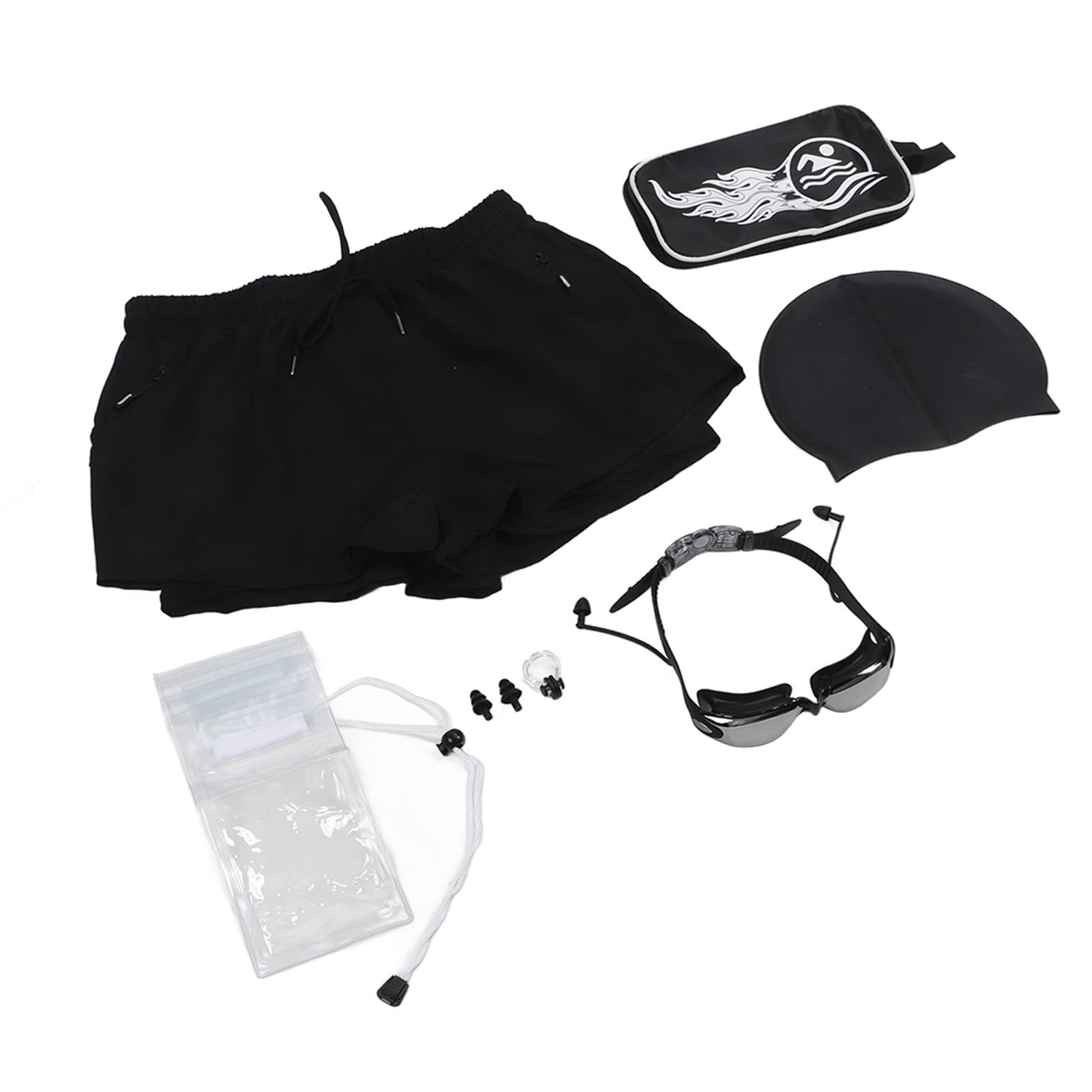 Men Swimming Shorts Hat Set, 2 Layer Swimwear 8Pcs Polyester Polyurethane No Pilling Swim Shorts Glasses Hat for Practise (L)-image-6