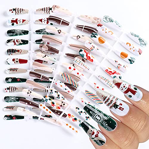 Weihnachten Press On Nails Langer Sarg Falsche Nägel Tipps Weihnachten Falscher Nagel mit 72 Stück Doppelseitenkleber Jelly Adhesive Tabs Nagelkleber für Frauen und Mädchen Cover
