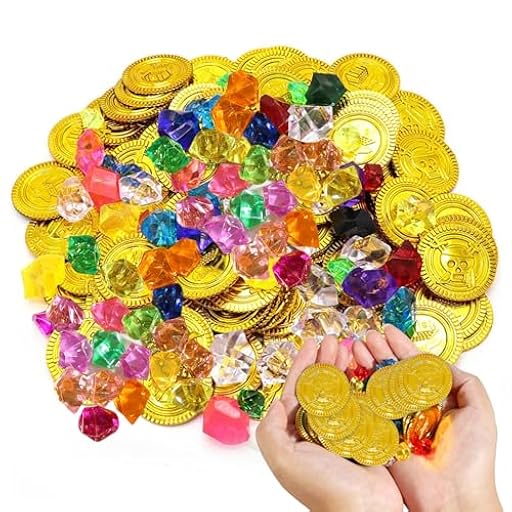 Aevorant Set de 50 Monedas de Oro y 100 Piedras Preciosas para Búsqueda del Tesoro | Tesoro Pirata en Eco-Plástico y Acrílico - Adecuado para Cumpleaños Temáticos, Decoración de Cofres | Ya disponible en tu tienda friki favorita! En mundofriki.es!