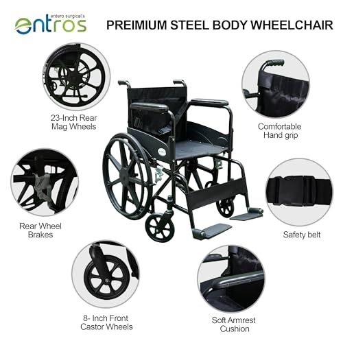 Image of Entros Foldable Wheelchair for Adults & Patients | Magwheel Manual Wheelchair with Swing-Away Footrests & Comfortable Upholstery Seat, Black | Ideal For Old People & Patient, 875G