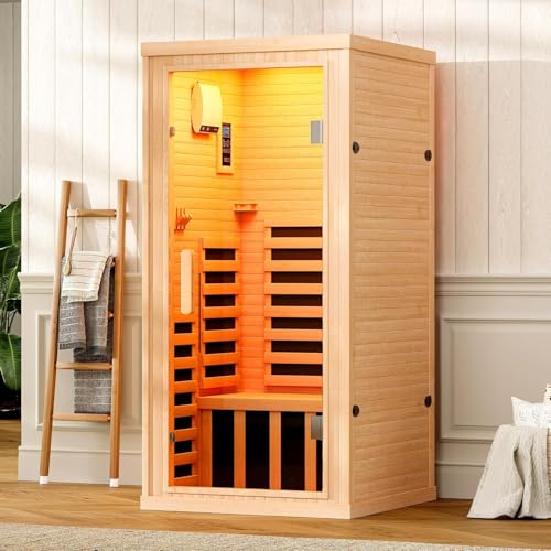 Albott Infrared Sauna Room, 1260W/110V Canadian Hemlock Wood 1 Person Infrared saunas for Home with 7 Color Therapy Lamp, Foot Heater, Dual Bluetooth Speaker, LCD Control Panel, 32.3x32.3x66.1inch