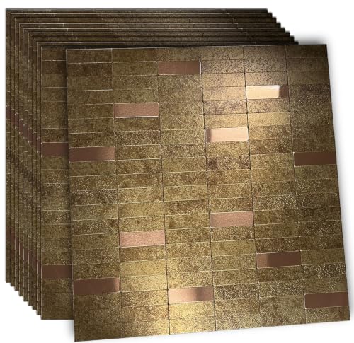 XUANINY Peel and Stick Tile Backsplash Self- Adhesive Wall Tiles Aluminum Mosaic Sticker for Kitchen (11.33"x11.92" Per Sheet, Pack of 10 pcs) (Golden Yellow 10)