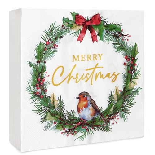 40 pcs Christmas Paper Napkins Robin Merry Christmas Wreath Xmas Disposable Serviettes for Decoupage Party Table Decorations