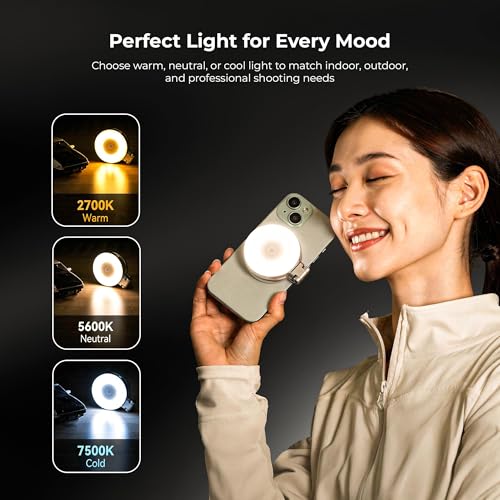 Image of W50 Magnetic Selfie Ring Light for Mobile Phone, Foldable LED Clip Lamp with 180 Degree Adjustable Angle and Sticky Ring Mount for Video Calls, Vlogging, Live Streaming and Selfies
