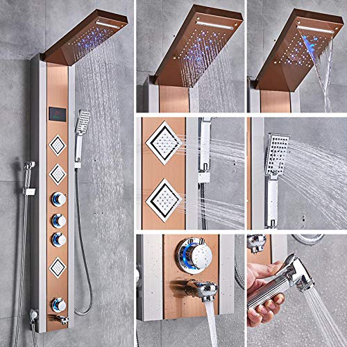 Columna de ducha hidroeléctrica azul y negro con panel LED, lluvia, cascada, pantalla digital LCD y spray bidet - dorado rosa miniatura 1
