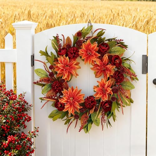 Corona de otoño para exterior fabricada artesanalmente con flores densas para jardín 3