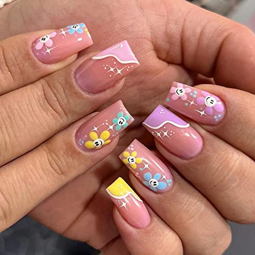 24PCS Press on Nails Short | Medium, Cute Flower Fake Nails, Square Head Glue on Nails, Acrylic Press on Nails with Designs Full Cover False Nails with Glue Stick on Nails for Women and Girls
