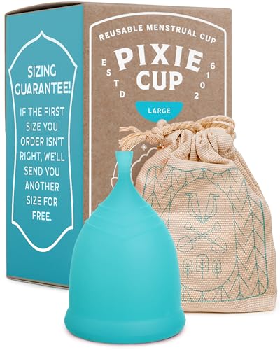 Pixie Cup Menstrual Cup - Ranked 1 for Most Comfortable Soft Reusable Period Cup - Wear for 12 Hours - Reduces Cramps - Lasts 10 years - Tampon and Pad Alternative - Buy One We Give One (Large)