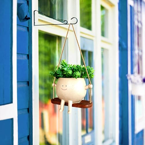 Image of Wonder Waves Cute Ceramic Smiling Face Swing Hanging Planter Pot for Home Garden Balcony and Office Indoor Outdoor Plants