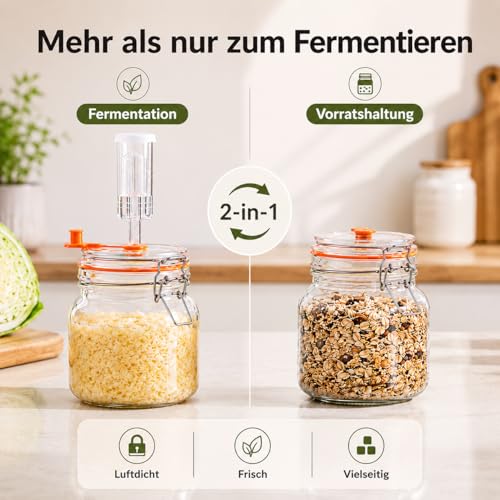 SwiftSlot Fermentierglas 1 L – Quadratisches Glas-Fermentierset mit Gewicht für Sauerkraut, Hot Sauce, Met, Cider & mehr – 2er-Pack