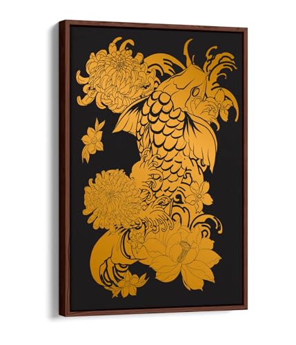 Toile de poisson koï doré sur fond noir pour réchauffer un mur blanc avec un cadre en noyer