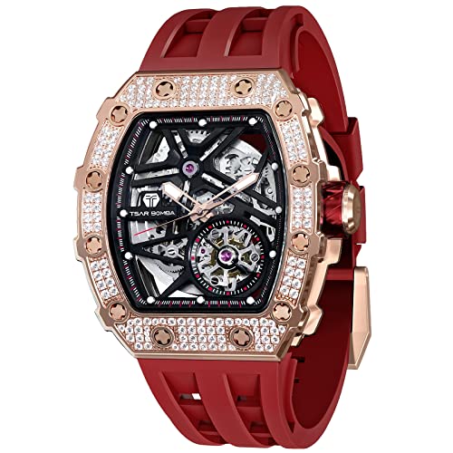Tsar Bomba Luxury Automatic Mechanical Watches For Men - Diamond Bezel - Japanese Movement Sapphire Glass - 50M Waterproof Men's Watch - Square Wrist Watch Silicone Band Luminous - Gifts For Men #TOP13