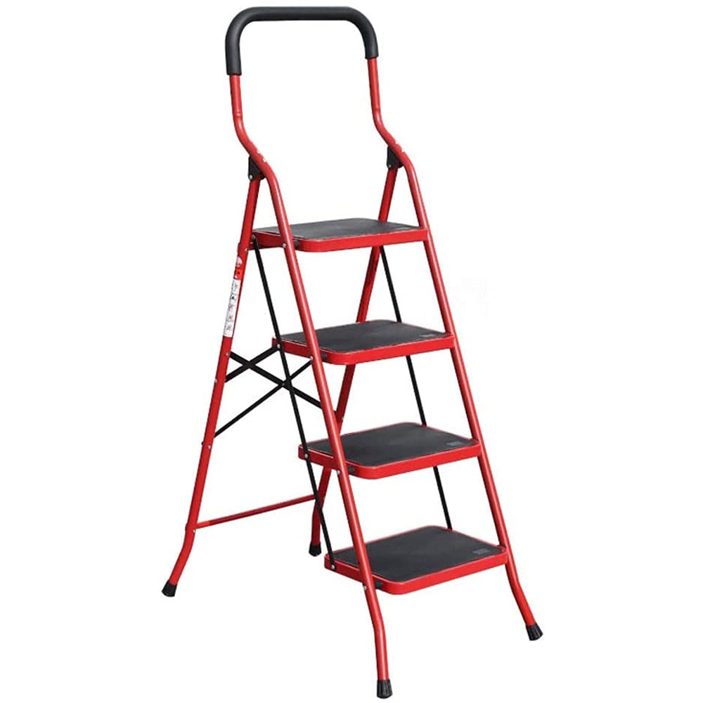 JW-YZWJJW YZWJ Household Ladder Folding Multifunctional Herringbone Ladder Thicken High Strength Carbon Steel Indoor Stair Stool Climbing Ladder,Red,4 Step, Ladder 4steps