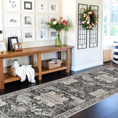 RUUGME Hallway 3x10 Runner Rug - Washable Rugs with Non Slip Backing Ultra Thin Stain Resistant Carpet for Kitchen Living Room Bedroom Vintage Tribal Rugs for Floor Decoration Mat 3x10 Black