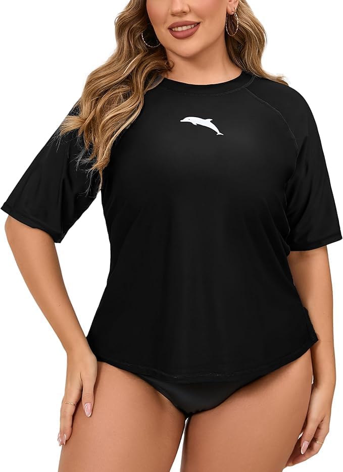 Halcurt Women's Plus Size Rash Guard Short Sleeve Swim Shirts Loose Fit UPF50+ Sun Protection Swimsuit Top Only