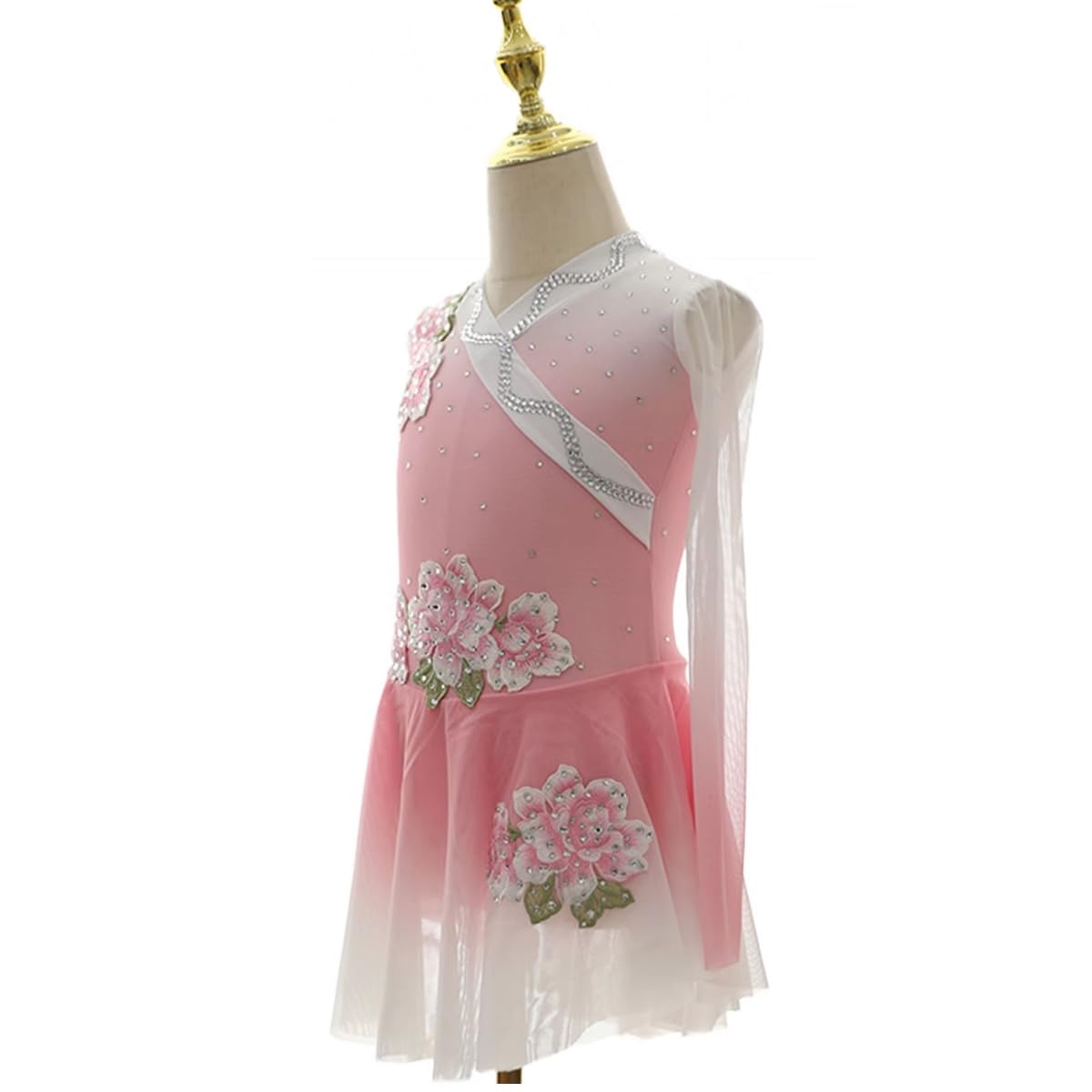 Maillot De Danza Patinaje para Mujer Leotardo Manga Larga De Gimnasia Rítmica con Falda Tul Y Pedrería Brillante Disfraz De Bailarina Baile Competición Adulto