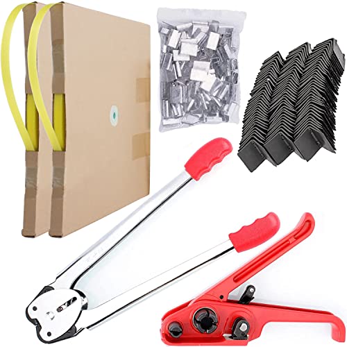 Juego de máquina flejadora de alicates, sellador de tensor de fleje de PP/PET, sellado de empaque manual 2 x 100M de fleje de PP, 100 hebillas y 100 protectores de bordes