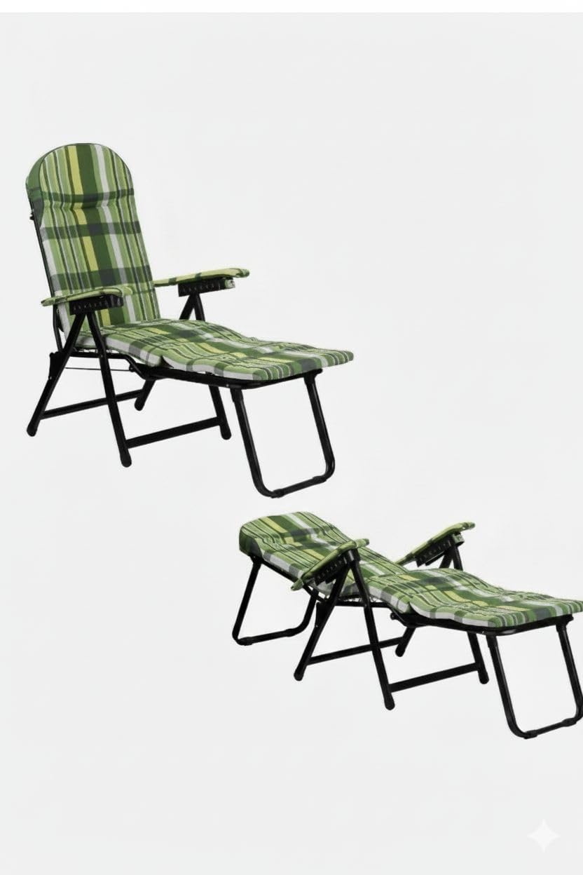Poltrona Sdraio Reclinabile con Prolunga Poggiapiedi, Verde a Righe, Schienale 6 Posizioni, Cuscino 7 cm, Braccioli Imbottiti, Struttura Pieghevole in Ferro, 176x60x30 cm