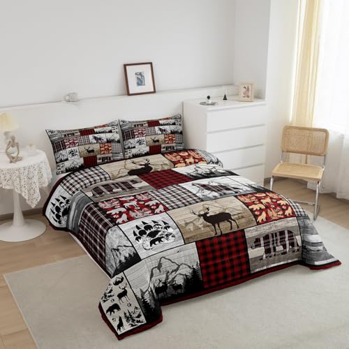 Image of Feelyou Plaid Deer Elk Bear Wolf Comforter Set for Girls Boys Rustic Cabin Farm Forest Camping Hunting Comforter Farm Forest Bedding Set Farmhouse Lodge Duvet Set Queen Size Quilt Set