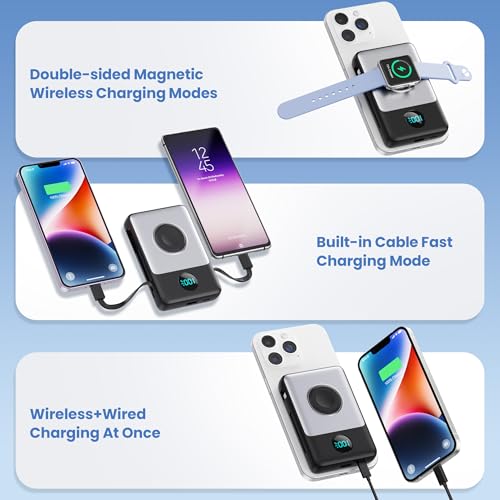 Image of 6 in 1 Magnetic Portable Charger for iPhone with Built-in Cables, 10800mAh 25W PD Fast Charging Power Bank, 6 Outputs Travel Essential Battery Pack for iPhone 17 /16 /15 /14 /13 /12 Series,Apple Watch