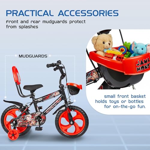 Image of Amazon Brand - Jam & Honey Kids 14T Bicycle | Sturdy Steel Frame | EVA Tyres | Adjustable Seat & Handlebar | Training Wheels | Front Basket | Red