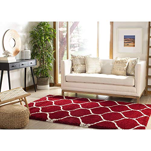 Image of AROMICK Modern Polyester Anti Slip Shaggy Fluffy Rug and Carpet for Living Room, Bedroom & Dining Room (4 x 6 Feet, Red Ivory)