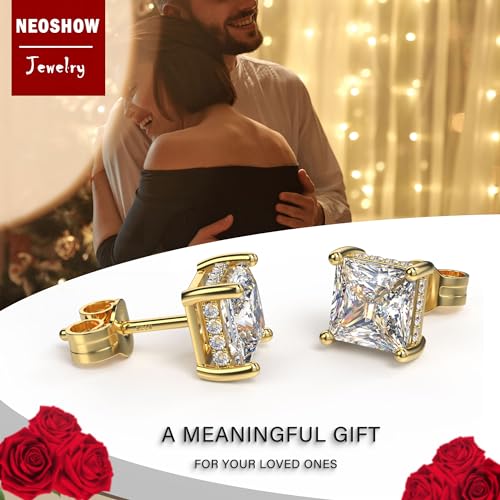 18K White Gold Plated Sterling Silver Princess Cut Cubic Zirconia Stud Earrings Square Simulated Diamond CZ Stud Earrings for Women Men Hypoallergenic (7MM, Gold) by NEOSHOW - Image 5