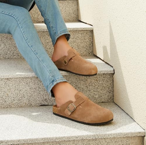 Image of Genuine Suede Clogs Womens Mens Cork Footbed Sandals Potato Shoes | Unisex Suede Leather Mules ,Arch Support,Adjustable Metal Buckle,Cork and Rubber,Wonderful Quality