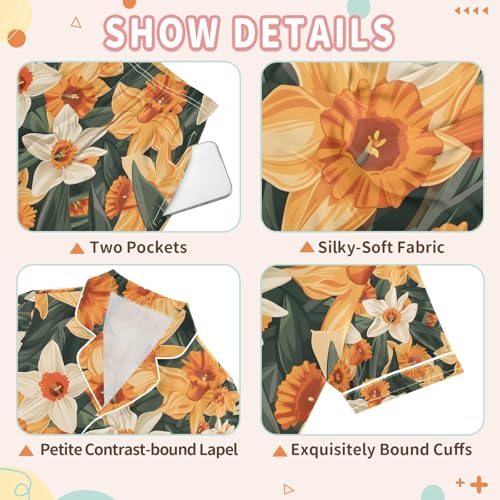 senya Flower Orange Satin Summer Pajama Sets Silk Short Sleeve Button Down Sleepwear3