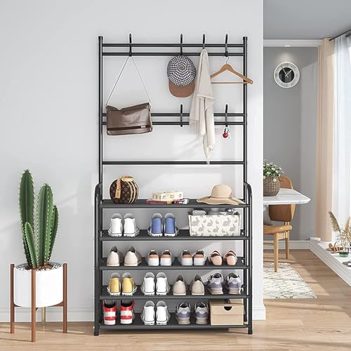 Multi-Functional Metal Coat Rack Shoe Rack Hall Tree 3 in 1 Designed of Storage Rack with Bag, Coat, Hat, Shoe Rack Fits Your Hallway, entryway with 5-Tier Shelf for Storage