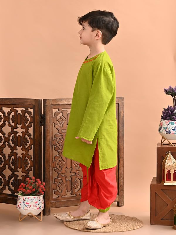 Image of superminis Baby Boy's Handloom Cotton Kurta With Embroidery Around The Neck And Contrast Color Dhoti Clothing Set