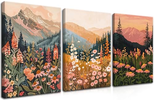 Framed Wildflower Mountain Landscape Wall Art Set of 3, Colorful Floral Wall Decor, Boho Sunset Landscape Canvas Artwork, Earth Tone Botanical Poster Prints for Living Room Bedroom 12x16 Inch