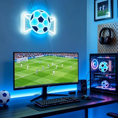 Image of Soccer Neon Sign, Dimmable Football LED Lamp for Wall Decor, Light up Sports Sign for Bedroom Playroom Man Cave Club Party College Dorm Decor, Cool Teenager Boy Kid Birthday Holiday Xmas Gifts
