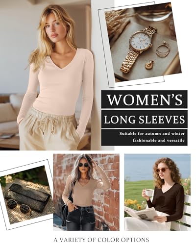Ficerd 3 Pack Women's Long Sleeve Shirts, Cotton V Neck Basic Tees Slim Fit Casual Fall Tops Going Out Blouses T Shirts3