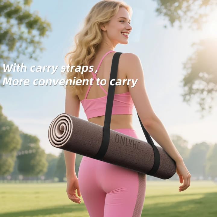 Yoga Mat Thick（8mm）Exercise Mat Non Slip Anti-tear,Pilates Mat for Men and Women,Workout Mats for Home,Barefoot Workouts and Floor Exercise,with Carrier Strap(71"x 24" ) (Light coffee + apricot) - Image 6