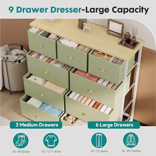 Image of OLIXIS 9 Drawer Tall Dresser for Bedroom, Closet Organizers and Storage | Fabric Dresser with Wooden Top, Chest of Drawers for Clothes Storage, Tower Cabinet, Furniture, TV Stand, Light Green