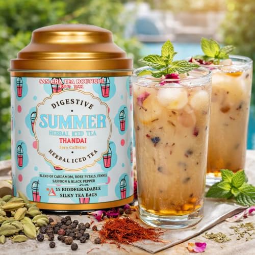 Image of Sancha Tea Boutique, Thandai Iced Tea, 15 Pyramid Bags, Summer Cooling Drink, Caffeine-Free Herbal Tisane with Real Saffron, Sugar-Free, Not Instant