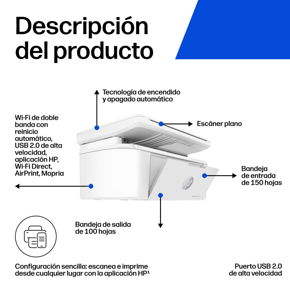 HP LaserJet M140w 7MD72F, Impresora Láser A4 Multifunción Monocromo a Doble Cara Manual, Escaner, Copiadora (20ppm, Wi-Fi, Wi-Fi Direct, USB 2.0, Procesador 500MHz, Memoria 64MB, Smart App) Blanca