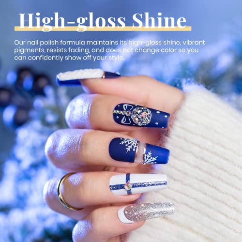 Image of Beetles Summer Gel Nail Polish Set 5 Winter Colors Dark Blue Glitter White Light Blue Silver Gel Polish with Sealing Gel Sugar Dust Powder Nail Sticker UV LED Needed Gifts for Women Sparkling Snow