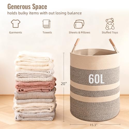 Image of Large Laundry Basket, Laundry Hamper with Leather Handles, 60L Woven Dirty Clothes Hamper, Rope Hampers for Bedroom, Barthroom, Dark Brown