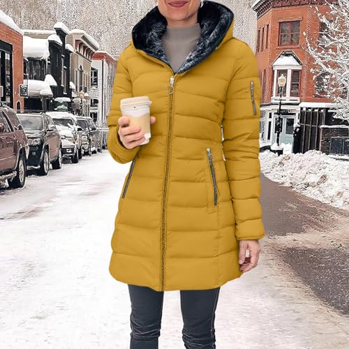 KOG Winterjacke Damen Baumwolle Puffer Jacke Elegant Daunenmantel Trainingsjacke Parka Oberteile übergangsmantel Warme Strickjacken Casual Frau Cordjacke Bikerjacke Softshelljacke Gelb S