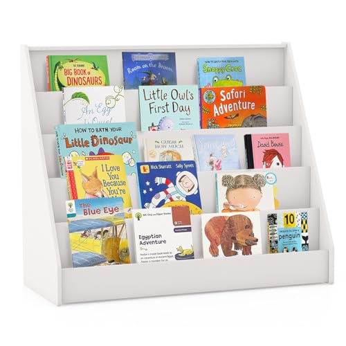 Image of HONEY JOY Kids Bookshelf, 5-Tier Wooden Toddler Bookcase, Children Book Rack & Magazine Display Shelf, Toy Storage Organizer, Book Shelf for Kids Rooms, Playroom, Nursery, Classroom (White)