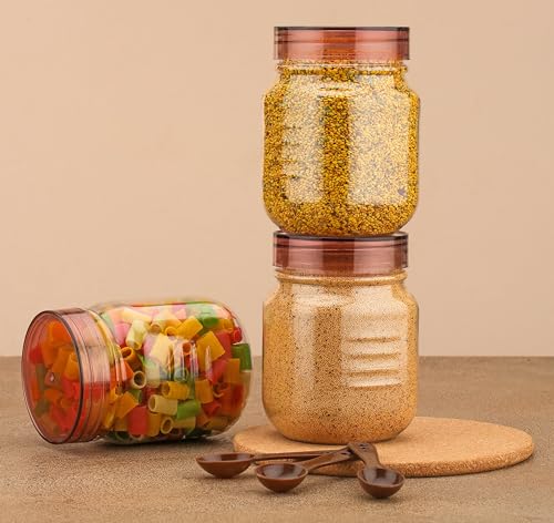 Image of Plastic Pet Storage Jar Set (750ml) with Spoons, Air-tight, Design - Kitchen Container (BROWN 3)