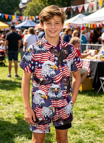 Image of UNICOMIDEA Boys 4th of July Outfits Kids Patriotic Independence Day Tropical Short Sets for 5-12 Years