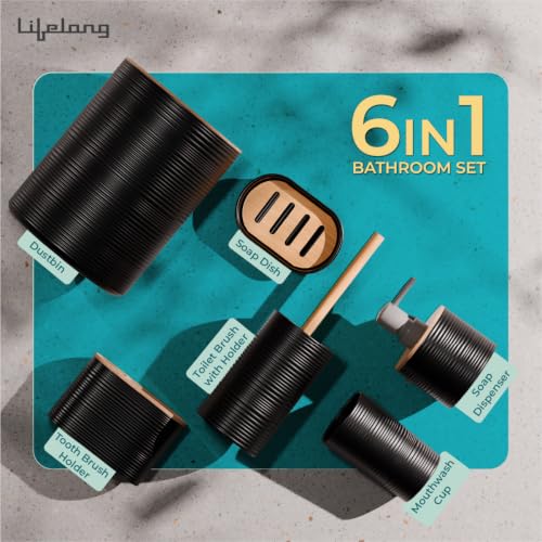 Image of Lifelong Bathroom Accessories Set of 6 with Bamboo Finish | Complete Bathroom Organizer Kit with Soap Dispenser, Toothbrush Holder, Tumbler, Soap Dish, Toilet Brush & Dustbin | Black