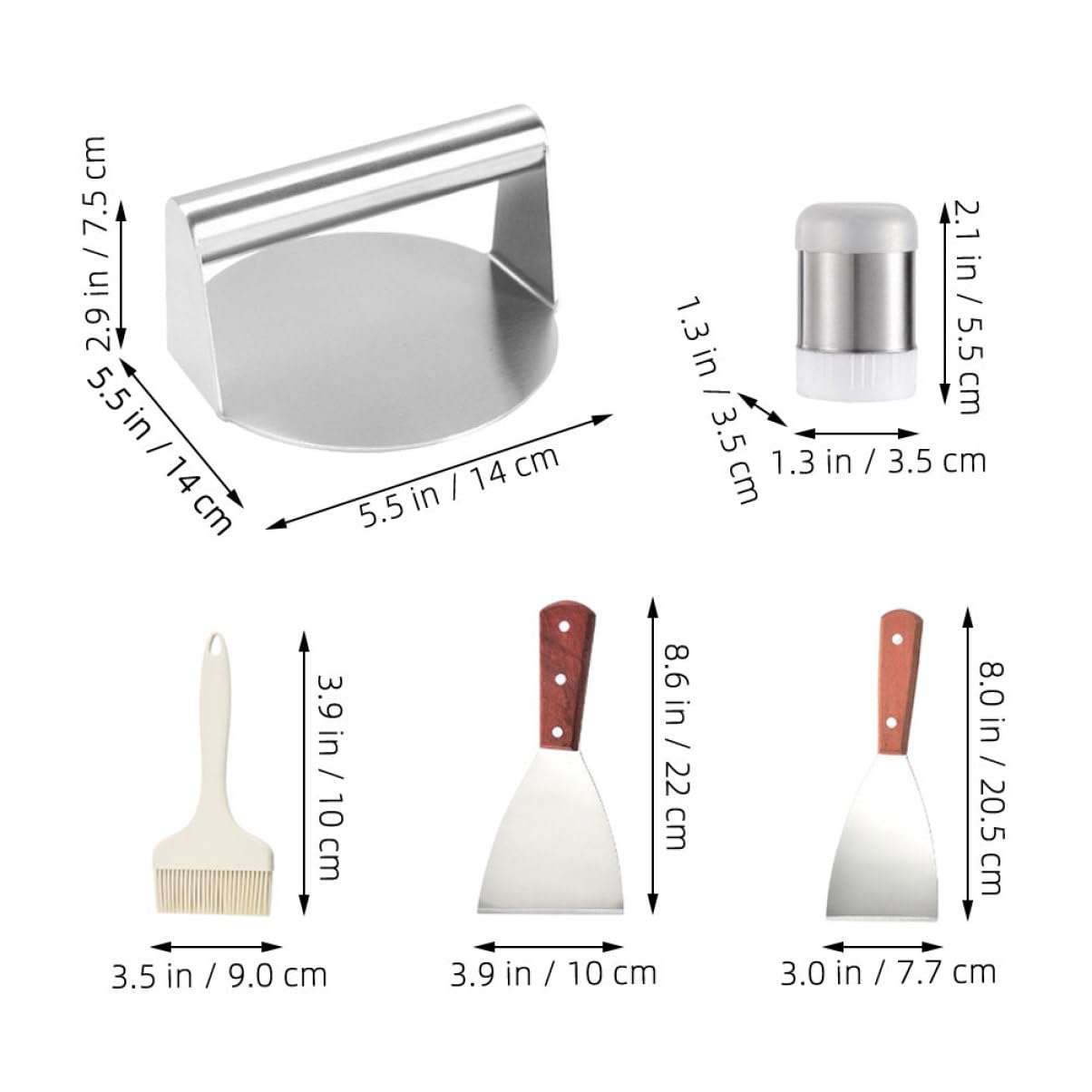 Set Utensili Bbq in Acciaio Inossidabile Legno e Silicone per Grigliata Esterna, 5 Pezzi Schiaccia Hamburger, Spatola e Boccetta per Condimenti