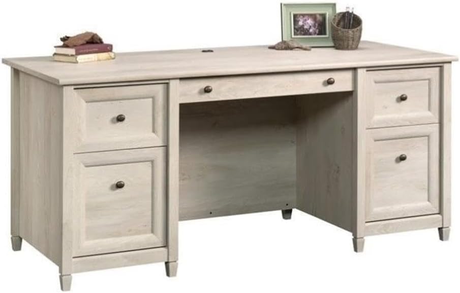 Pemberly Row Engineered Wood Executive Desk, Estate Black Finish, 65.13" H x 29.5" W x 29.38" D, 4 Drawers, Keyboard Tray, File Storage, Grommet Hole, Double Pedestal Design for Home Office Use