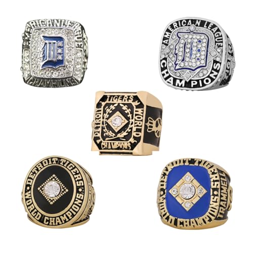 RyDdpz GIFT SET DETROIT COMMEMORATIVE RINGS FOR 5-TIMES BASEBALL CHAMPIONSHIPS, 5 RINGS SET WITH 5-HOLE WOODEN DISPLAY BOX PACKAGING, HOLIDAY GIFT FOR BASEBALL FANS